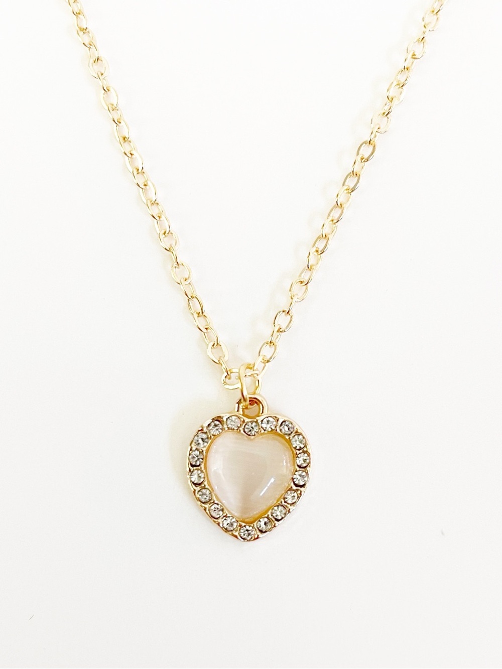 Gold Heart Pendant Necklace with White Stone - Women Jewelry